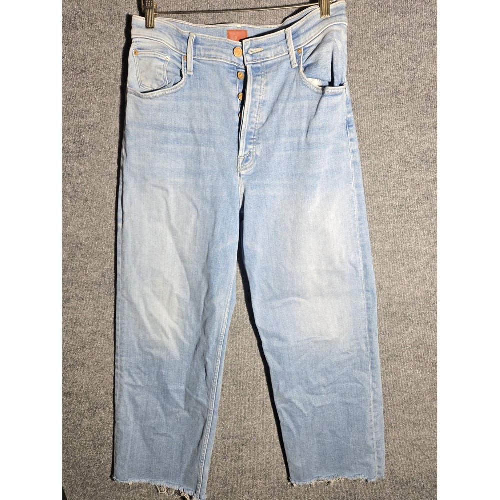 MOTHER High Waisted Spinner Ankle Fray Jeans Womens 29 Light Wash Raw Hem Button